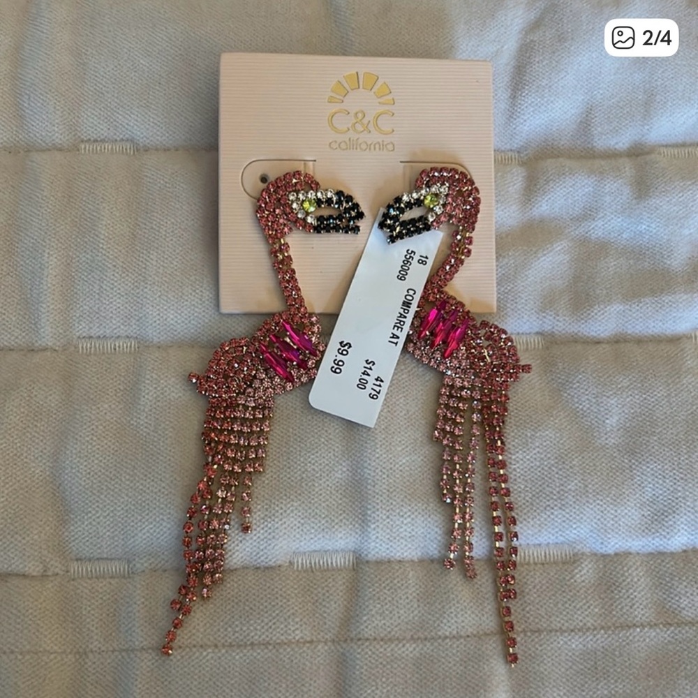 C&C California Pink and Black Crystal Flamingo rhinestone earrings